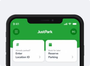 JustPark logo on a parking space listing thumbnail