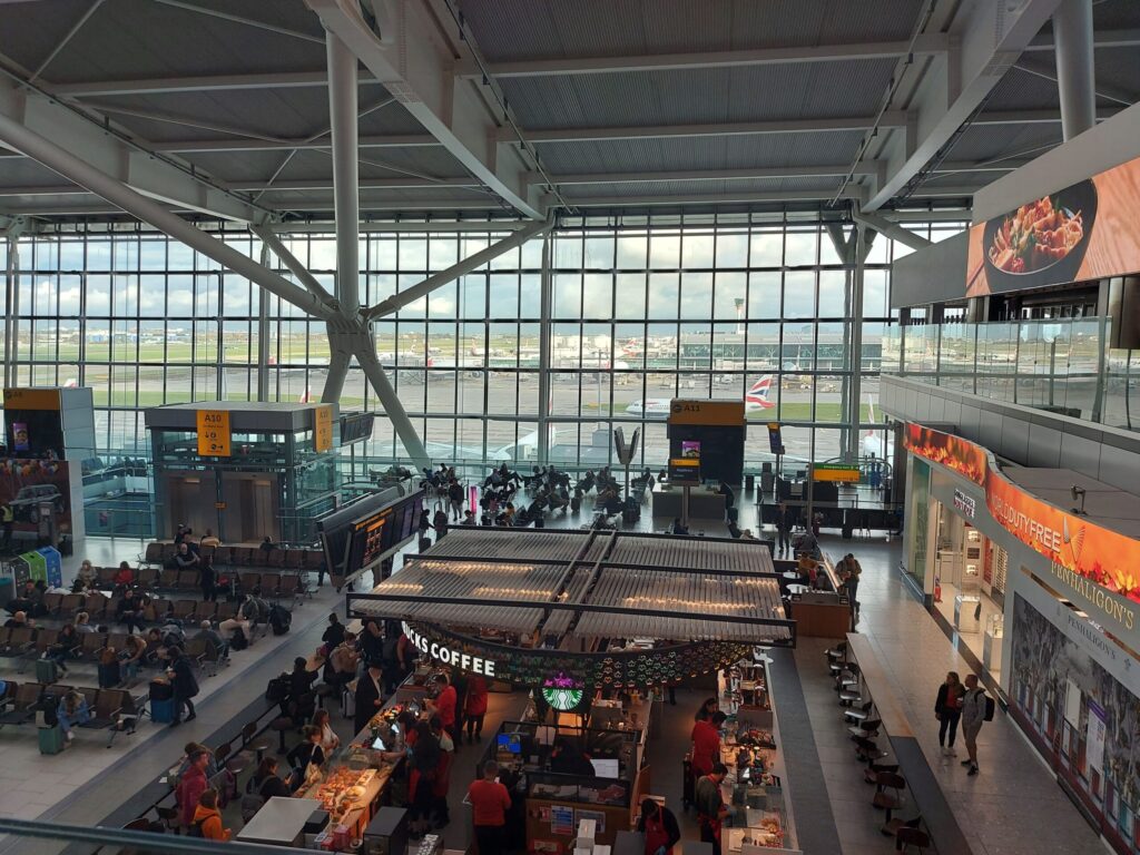 Heathrow Terminal 5 interior showing retail areas and passenger concourse in 2022