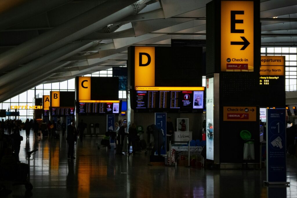 Heathrow Terminal 5 interior with light-filled atrium and passengers