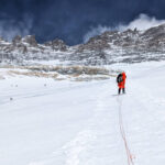 climbers at the Yellow Band limestone band Everest south col route