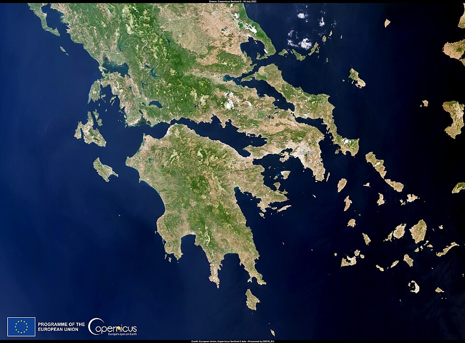 Copernicus Sentinel-3 satellite image southern Europe Greece parched brown land heatwave