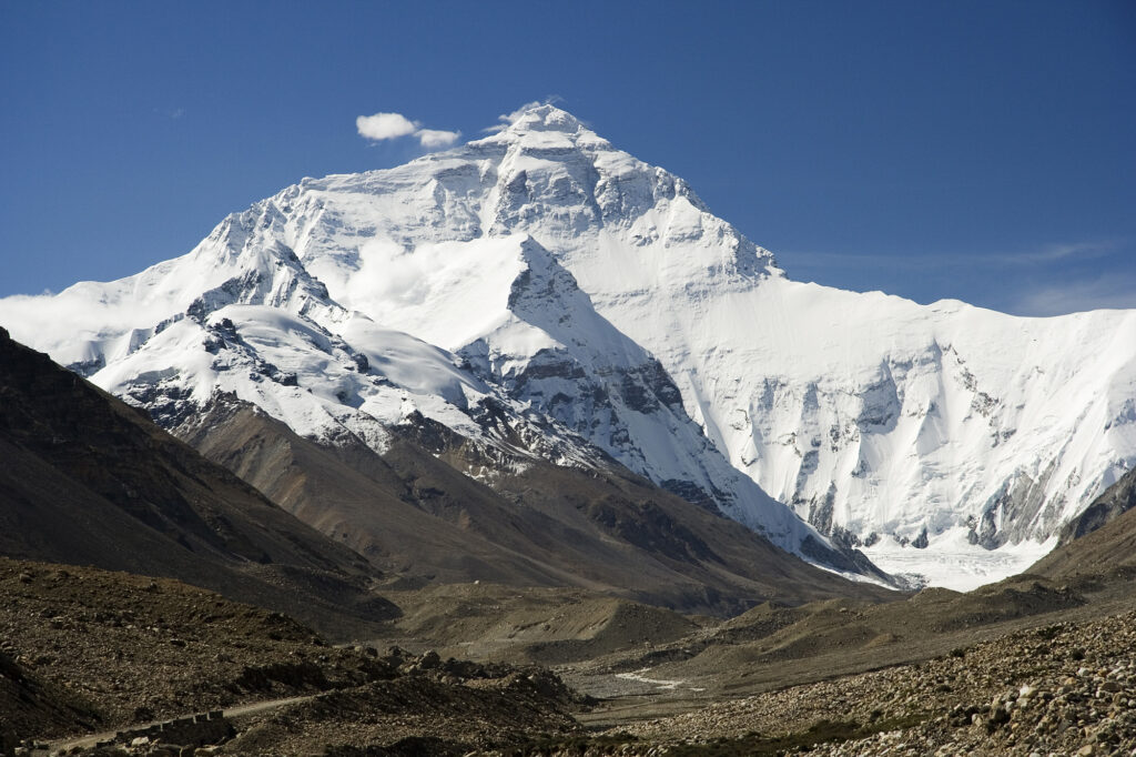 Mount Everest north face aerial view toward base camp Tibet Himalaya