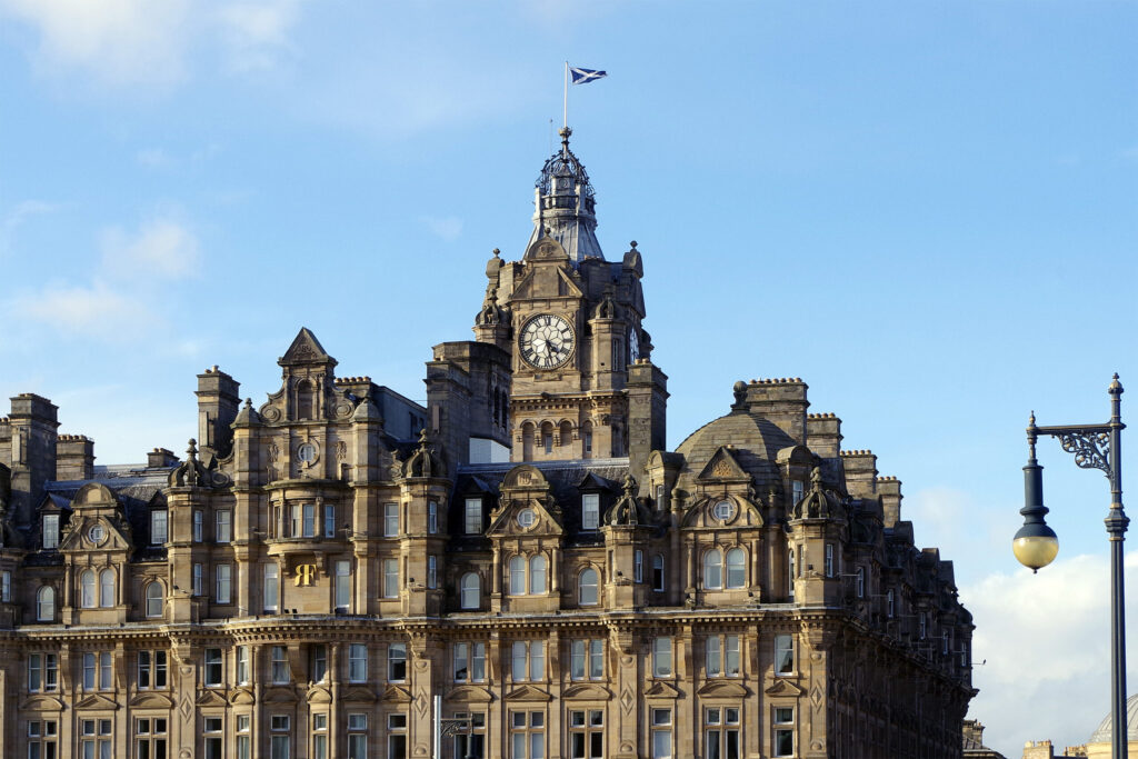The Balmoral Hotel clock tower and frontage on Princes Street in Edinburgh