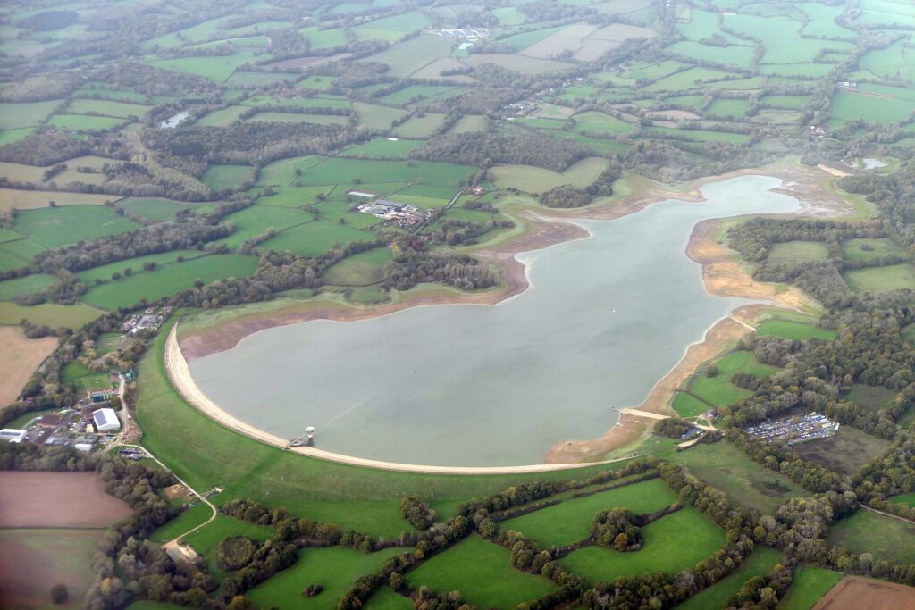 Aerial view of Bough Beech reservoir in Kent, England