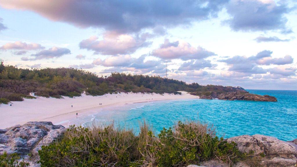 Pink sand and turquoise water at Horseshoe Bay Beach in Bermuda