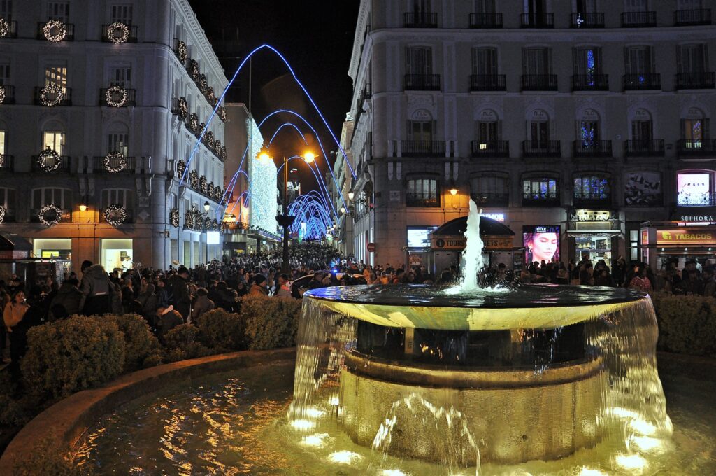 Christmas lights and illuminated fountain at Puerta del Sol, Madrid