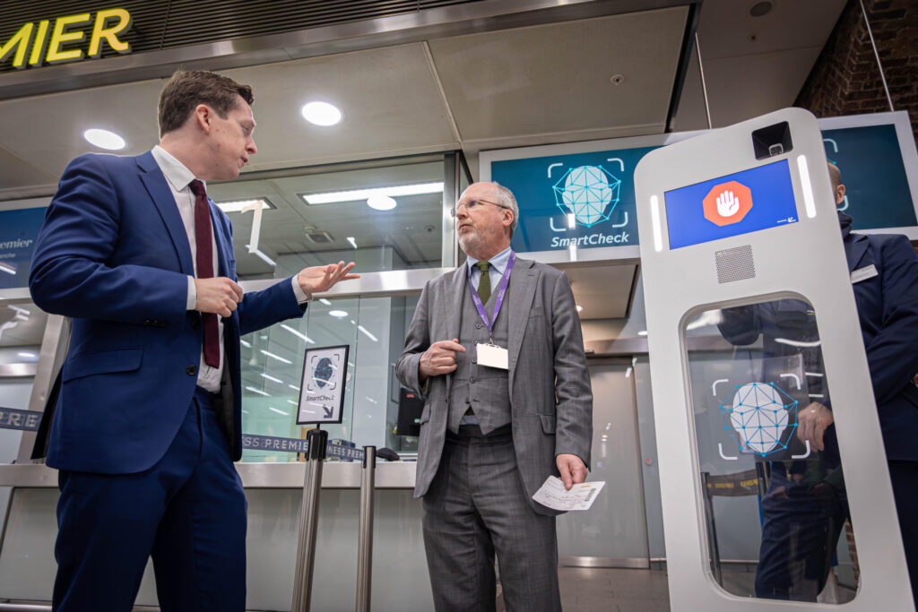 EES biometric SmartCheck kiosk with a face-scan screen at St Pancras International in London