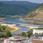 Exposed gravel banks where the Nahe joins the Rhine during the 2026 drought