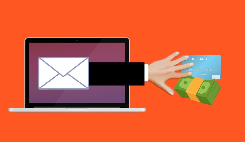 Illustration of a hand reaching out of a laptop taking a credit card and cash from a user