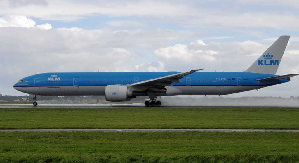 KLM Boeing 777-300ER on the apron at Amsterdam Schiphol Airport