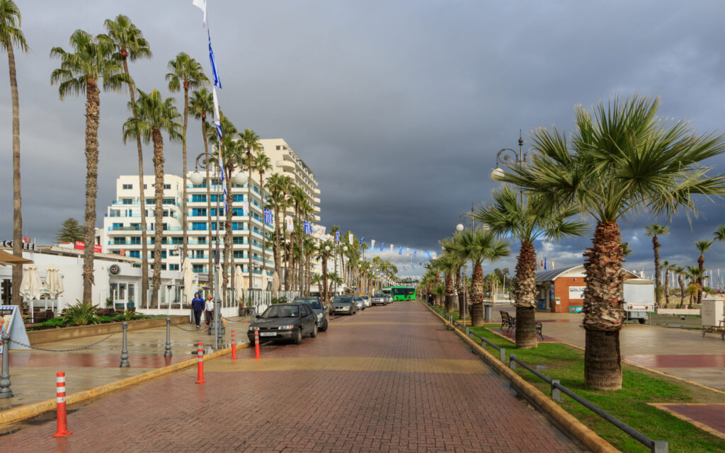 Palm-lined Finikoudes promenade in Larnaca, Cyprus, in January