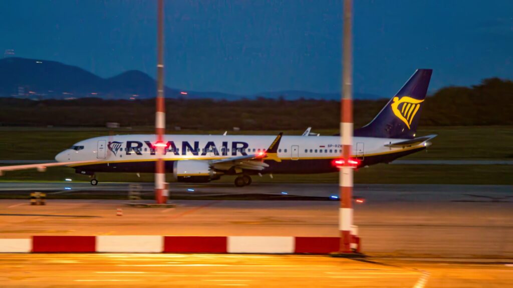 Ryanair Boeing 737 MAX inspection subject jet on a taxiway at dusk