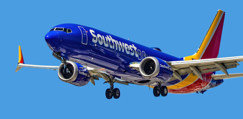 Southwest Boeing 737 MAX 8 on approach in a front-quarter view with gear down