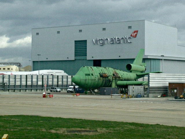 Virgin Atlantic branded engineering hangar building at London Heathrow Airport