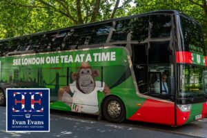 Evan Evans Tours logo with a London landmark sightseeing tour backdrop