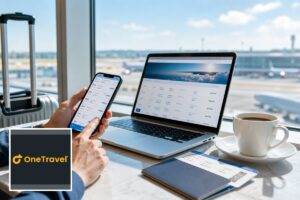OneTravel.com logo with a plane icon on a discount code voucher card