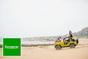 Europcar logo on a rental car with a discount codes banner