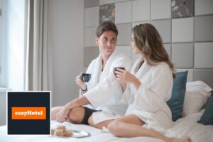easyHotel logo with a comfortable budget hotel room