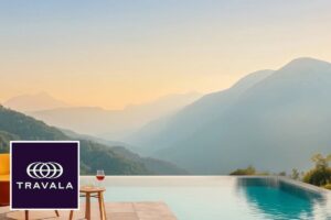 Travala logo with a travel and hotel booking background