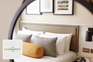 The Clermont hotel logo with London cityscape