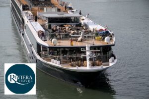 Riviera Travel logo with a river cruise ship in the background
