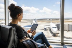 Traveller checking in for a flight with luggage at an airport departure gate, representing OneTravel.com bookings