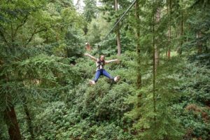 Family on a Go Ape treetop zip wire adventure course in a UK forest