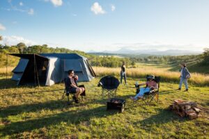 OzTrail tent and gazebo set up at a campsite